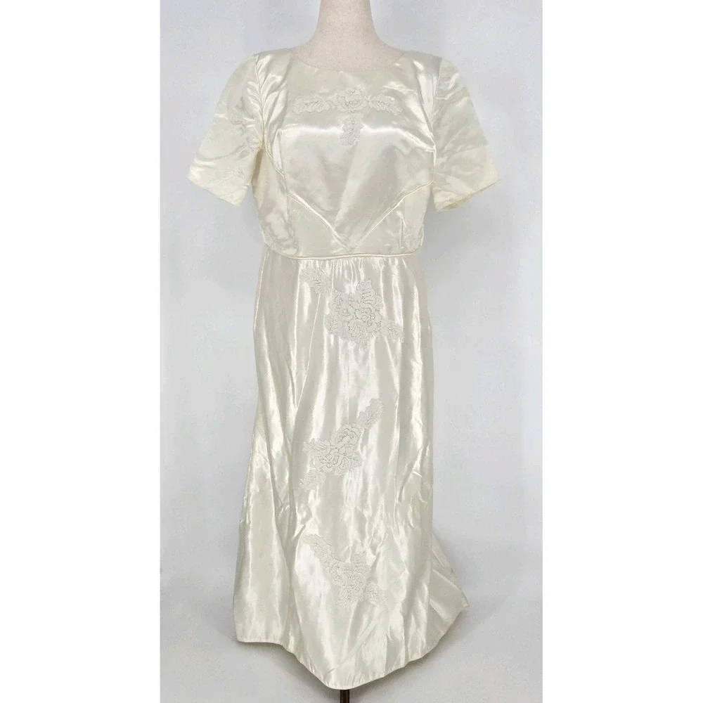 The Unbranded Brand Dresses | Vintage 1960 1970 Ivory Satin Wedding Dress Lace Empire Waist Bridal Button M L | Color: Cream | Size: L | Jenn_Hb's